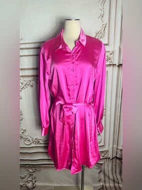 Gianni Bini Hot Pink Satin Mini Shirt Dress
